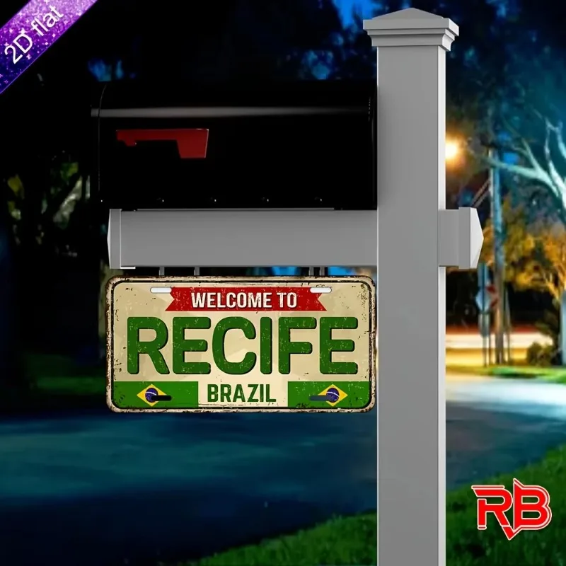 2D Flat, 1pc Retro Welcome to Recife Brazil Metal Sign - Vintage Aluminum Wall Decor with UV Printing (30x15cm/11.81x5.9inch)