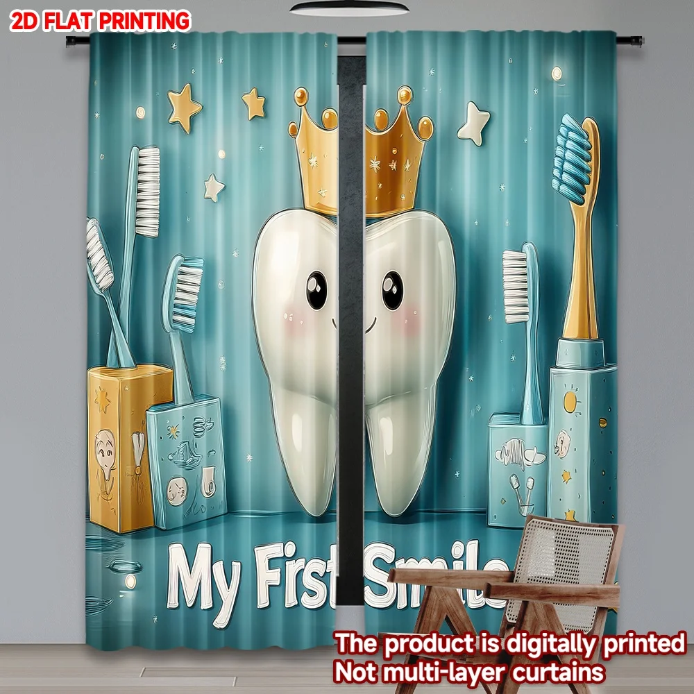 

2D flat printing 2pcs Scene Curtain Tooth with Crown Digital Printed Polyester Drapes Holiday Decorations Use for Parties and