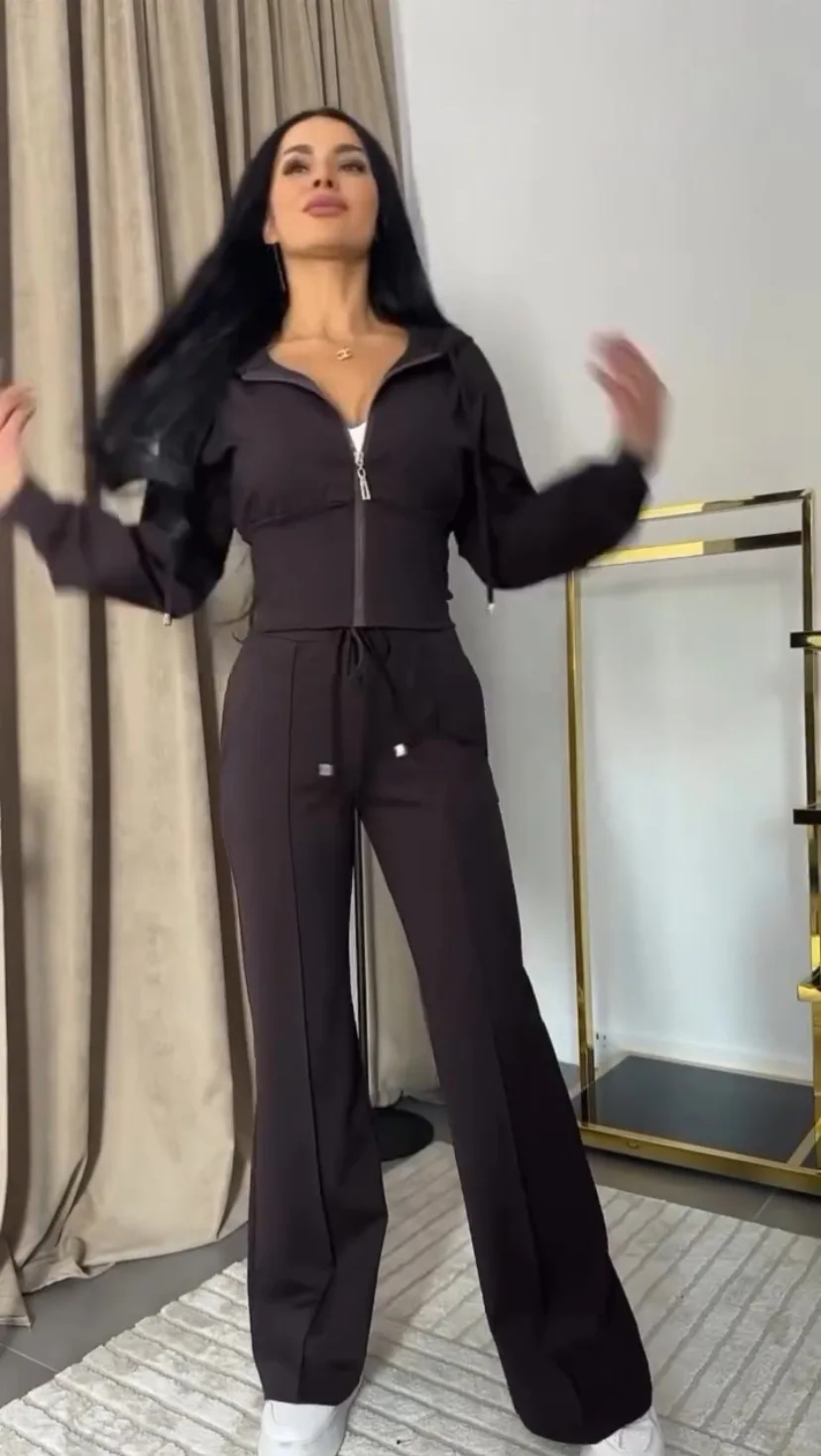 أزياء ضئيلة الرياضة البدلة للنساء الخريف جديد مقنعين سحاب أكمام طويلة البنطال القصير عالية الخصر الدانتيل يصل بنطلون قطعتين مجموعة