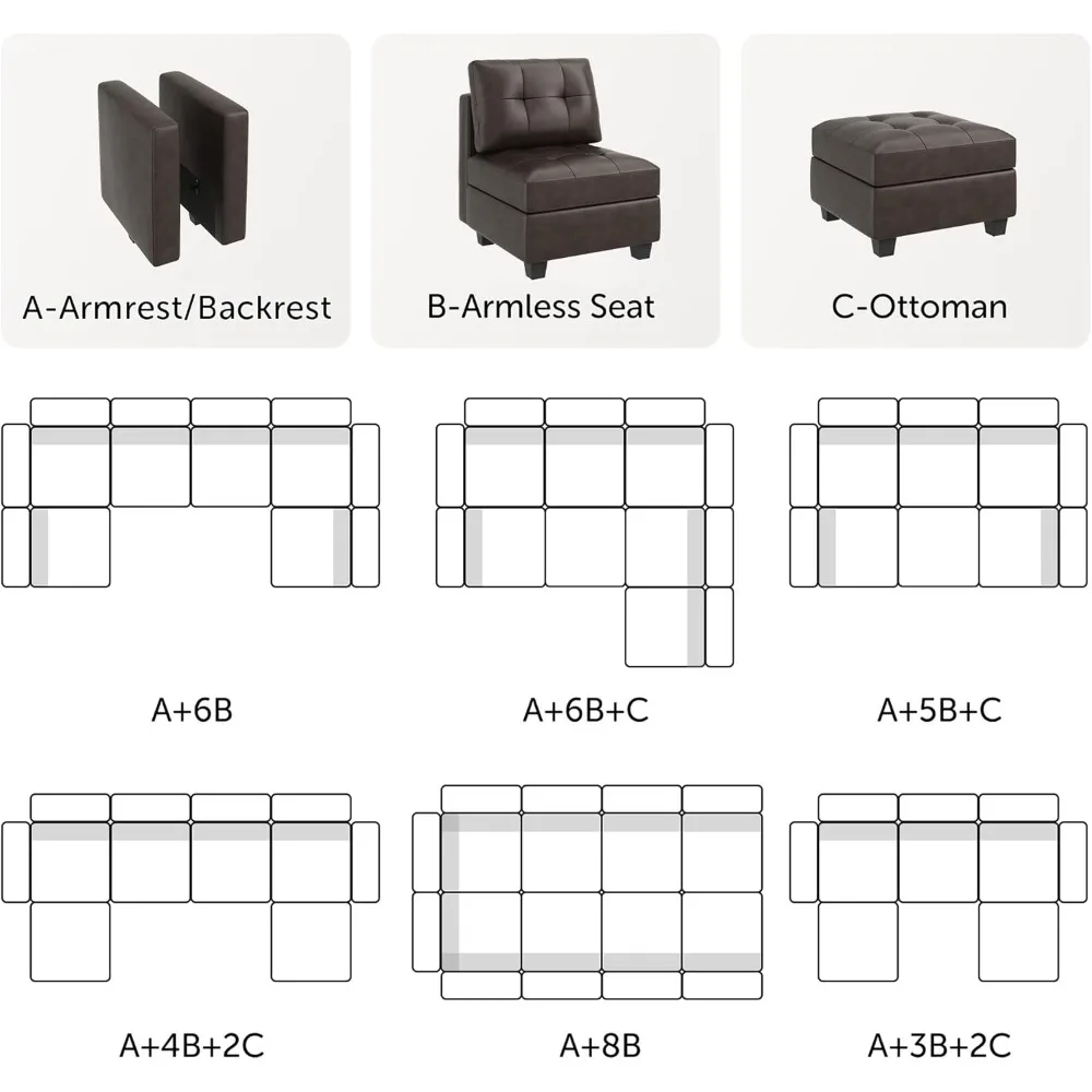 Modular Sectional Couch Sectional Sleeper Sofa with Storage Faux Leather 9-Seater Sofa Bed for Living Room,Easy To Assembly