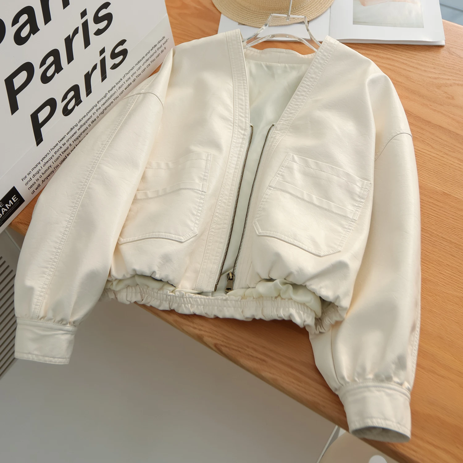 Women’s PU Leather Bomber Jacket — Elastic Hem Faux‑Leather V‑Neck Zip Jacket