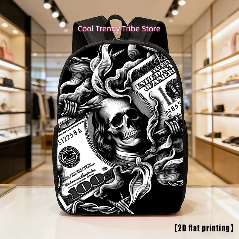 Lightweight Large-Capacity Unisex Backpack with Dollar Skull Print - Adjustable Shoulder Straps & Side Pockets, Laptop Bag Suita