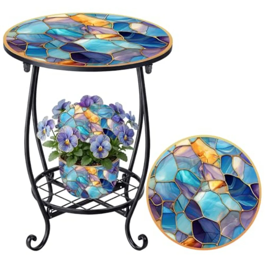 

Outdoor Side Table Round Small Mosaic Patio Accent door End Plant Coffee Tea Table for Yard Patio Porch Garden Livg Room, Bedro