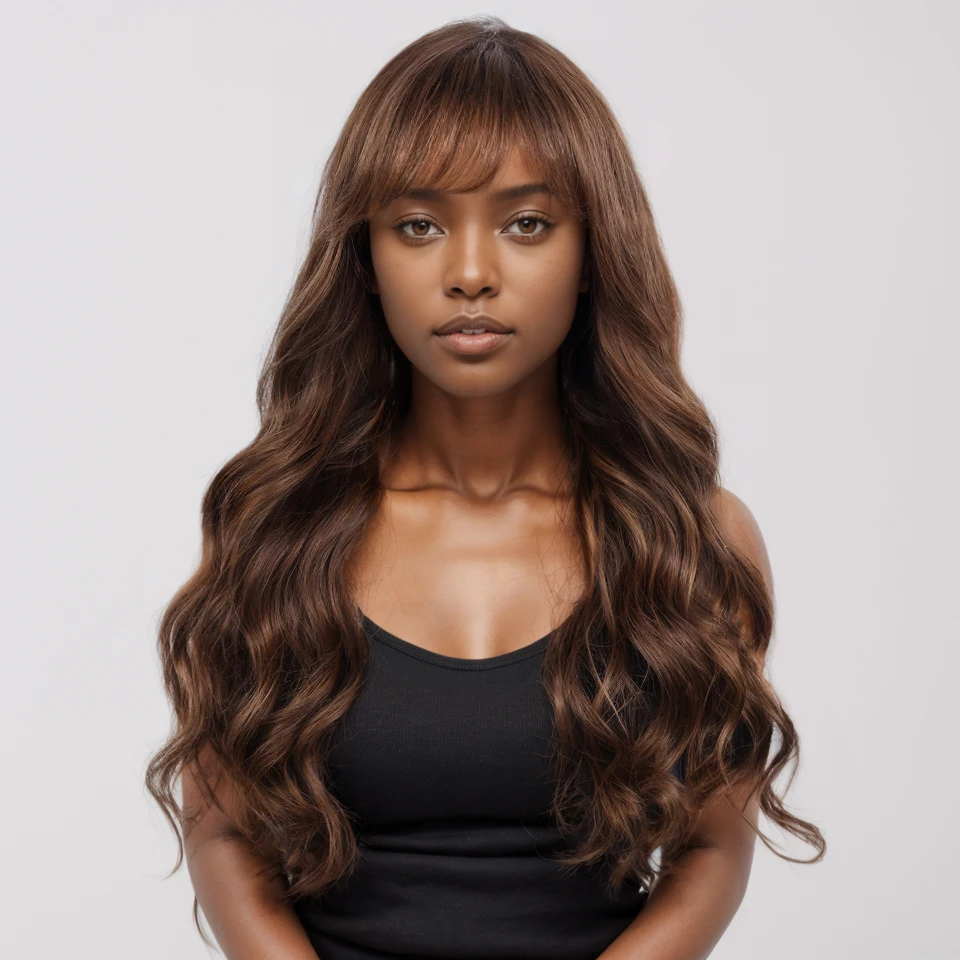 

Lekker 22" Body Wave Highlight Brown Human Hair Lace Wigs With Curtain Bangs For Women Brazilian Remy Hair Glueless Colored Wigs