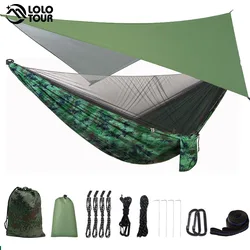 Hamaca para acampar al aire libre con lona de mosca de lluvia y mosquitera, tienda de campaña con correas de árbol, hamaca de paracaídas de nailon portátil 1-2 para viajes, nuevo