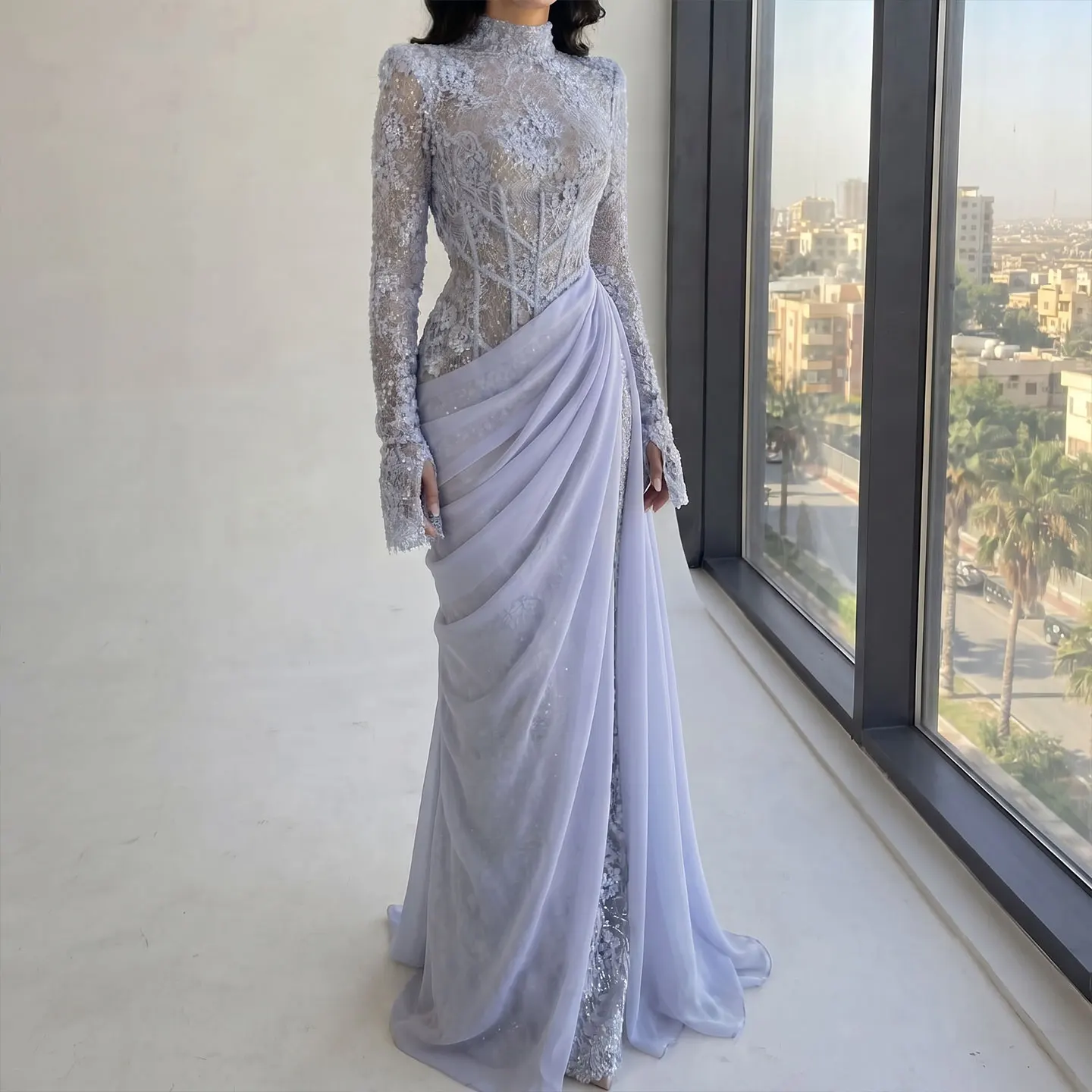 Sharon Said Luxury Violet Mermaid Evening Dress High Neck Long Sleeve Lace Draped Chiffon Formal Party Gowns SF429 Customized