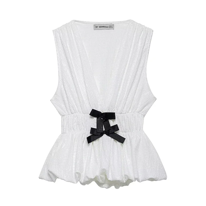 

New Women's Casual Solid Color Bow Decoration T-shirts Tops Fashion Sexy V-Neck Sleeveless Tops Female Chic Tank Tops