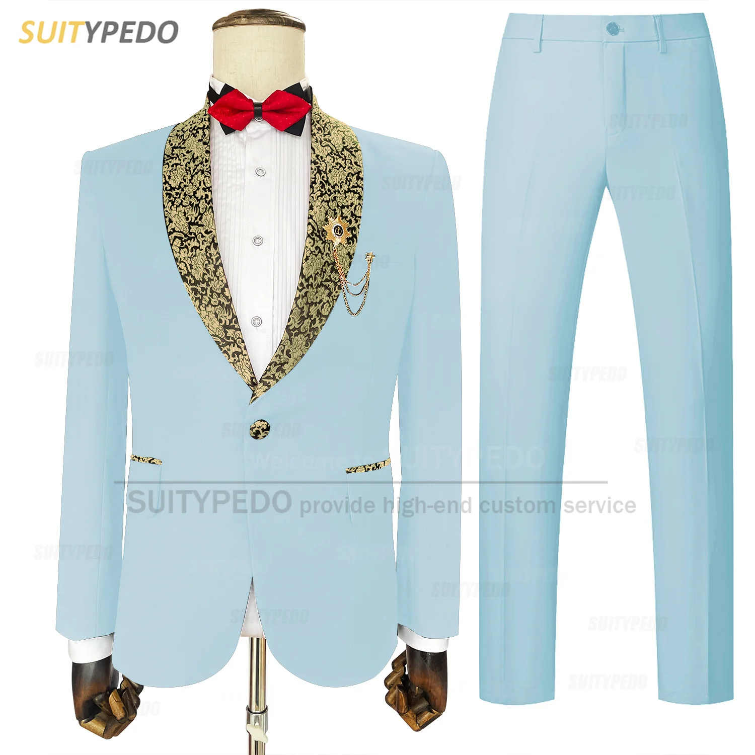 

Fashion Sky Blue Suit Set For Men Wedding Party Jacquard Lapel Blazer Pants 2 Pieces Formal Banquet Tailor-made Slim Fit Outfits