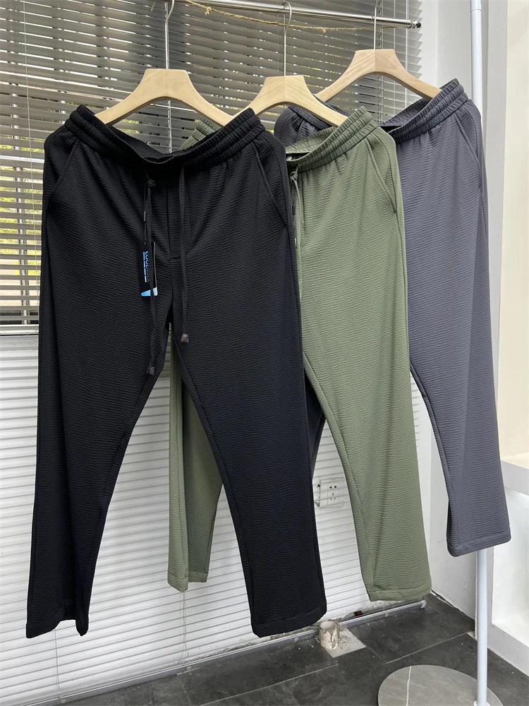 

Ice Silk Straight Leg Pants Pure Color Bubble Cloth Men's Summer Casual Long Trousers Cool Naked Sensation Faionable Urban ...