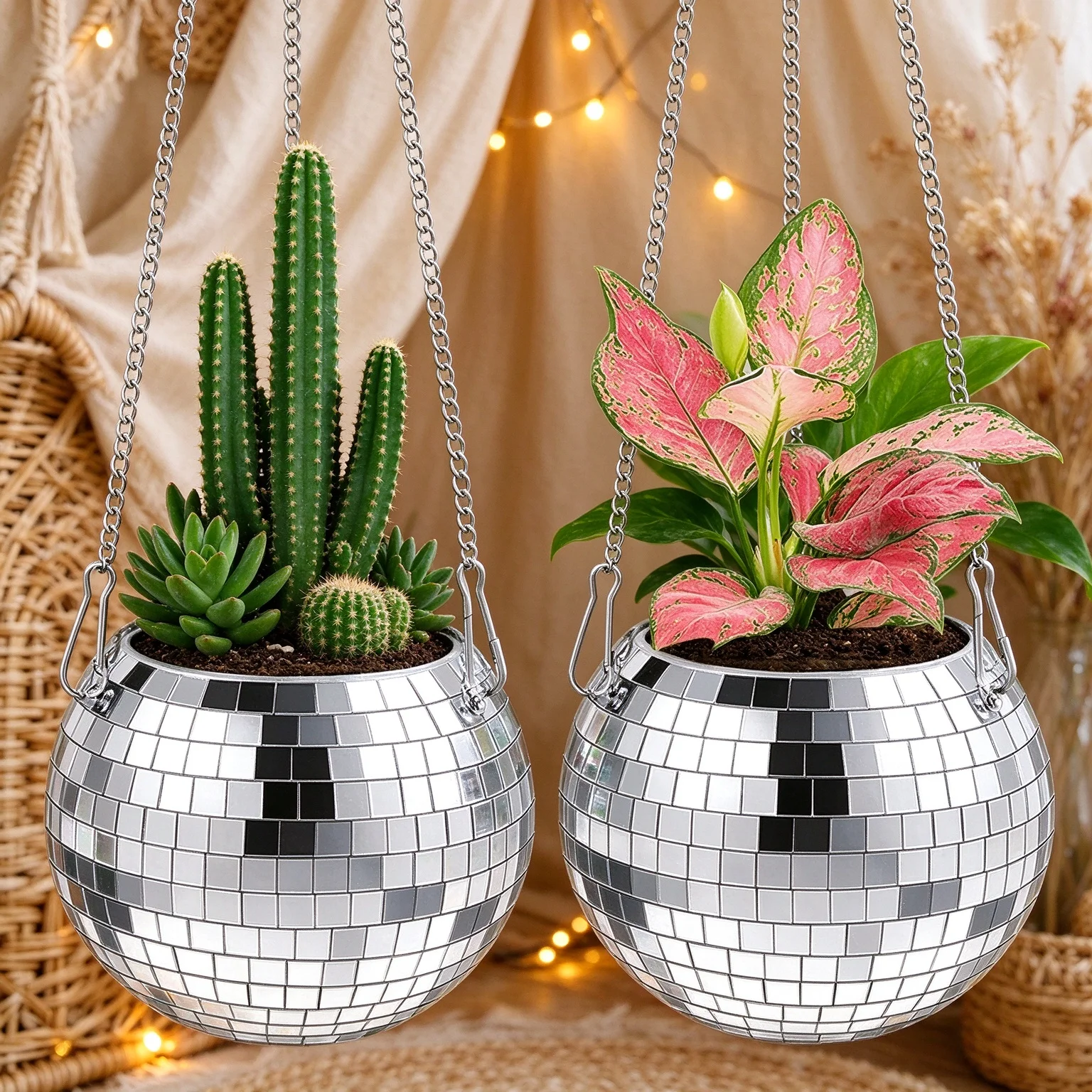 Disco Ball Planter with Wood Ring Chain Mirror Flower Pot for Succulents Boho Indoor Aesthetic Decor Cute Gift Plant Lovers