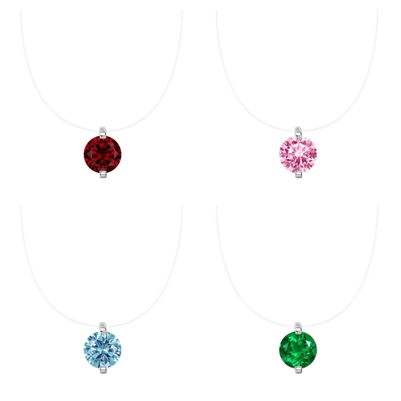 

IOGOU 2CT Round Solitaire Multi-color Cubic Zirconia Pendant Necklace for Women 925 Silver Invisible Fish Line Chain Jewelry