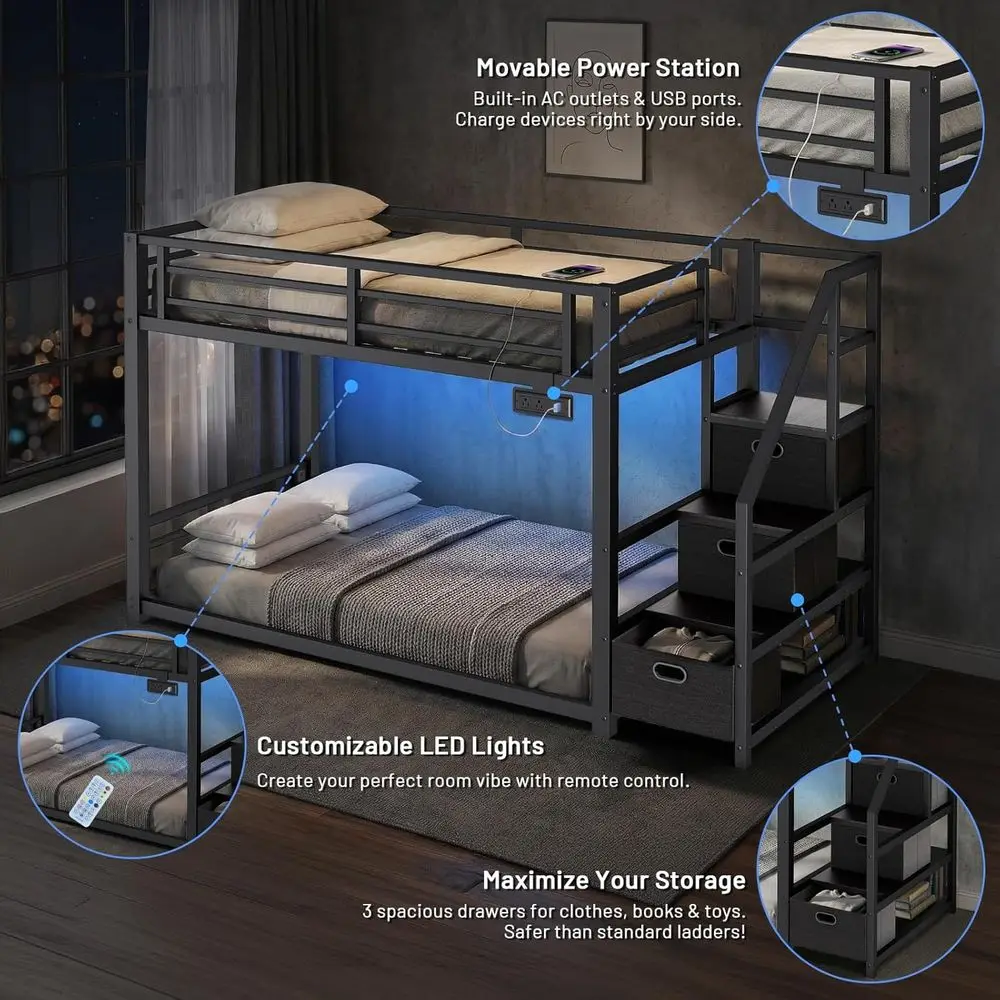 Compact Twin Metal Bunk Bed with Storage, Desk, Shelves, Power Outlet, RGB Lights, Safety Rails, and Metal Slats (Black) view 3