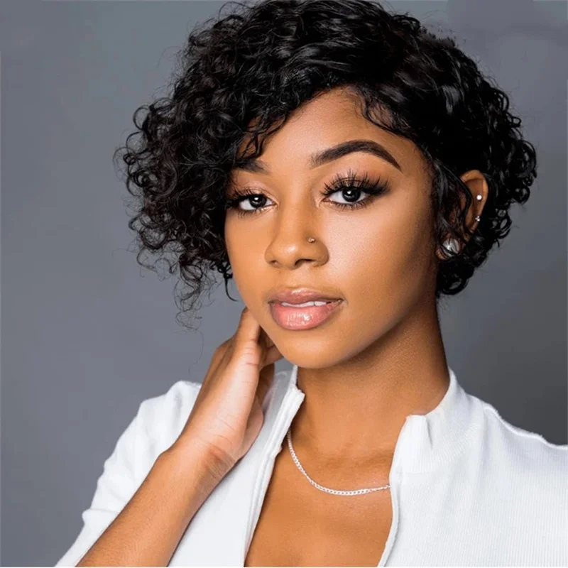 

13×1 T part lace human hair wig short curly human hair wig pixie cut 6inch natural black color 150% density daily use wig