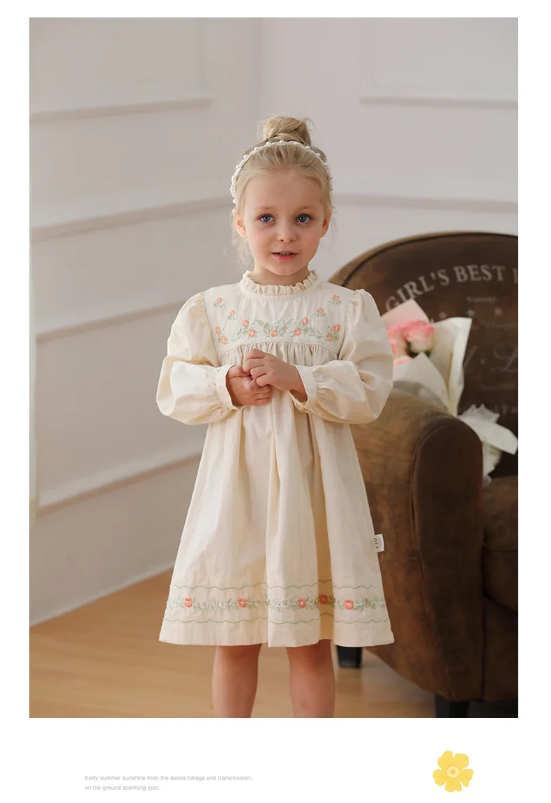 Korean Children\'s Clothing Flower Embroidery Bubble Sleeve Girls\' Dress Autumn Stand Collar Lace Long Sleeved Baby Kids Dress