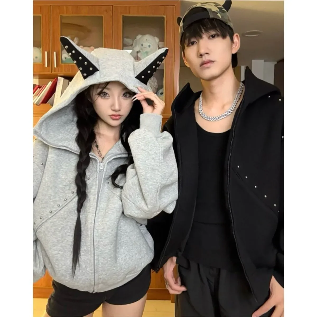 Goth Y2K Aesthetic Zip-up Hoodie Sweatshirt with Studded Jacket All-match New Oversized Top Spring Autumn Varsity Jacket Clothes