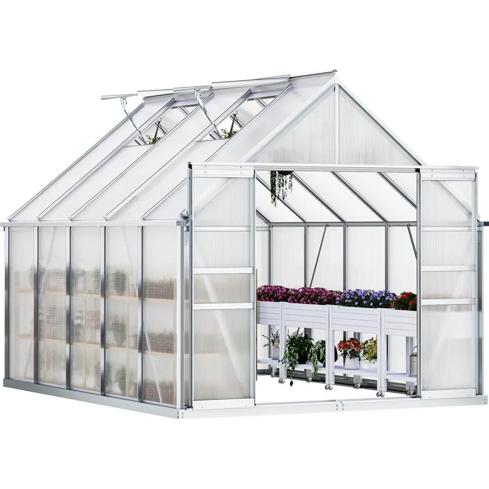 Greenhouse 10x8FT  Large Green Houses Outdoor Aluminum Greenhouses Sliding Doors Vent Window Premium Walk-in Greenhouse