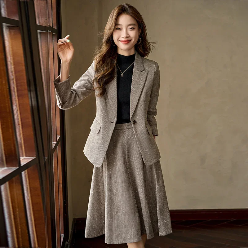 Insozkdg Autumn Winter 2024 Commuter One-button Slim-fit Professional Long-sleeved Suit Jacket A-line Skirt Two-piece Set Women