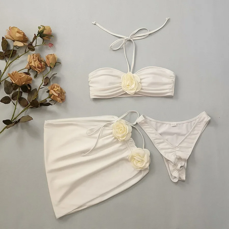 

2025 New 3D Flower Bikini Set 3 Piece With Skirt Swimwear Women's Swimsuit Beachwear Biquini Bandeau Bathing Suit