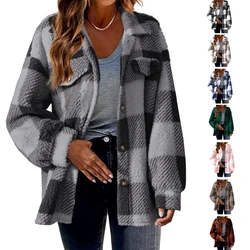 Womens Flannel Plaids Shacket Long Sleeve Button Down Shirts Lapel Collar Oversized Loose Fleece Coat Outerwear