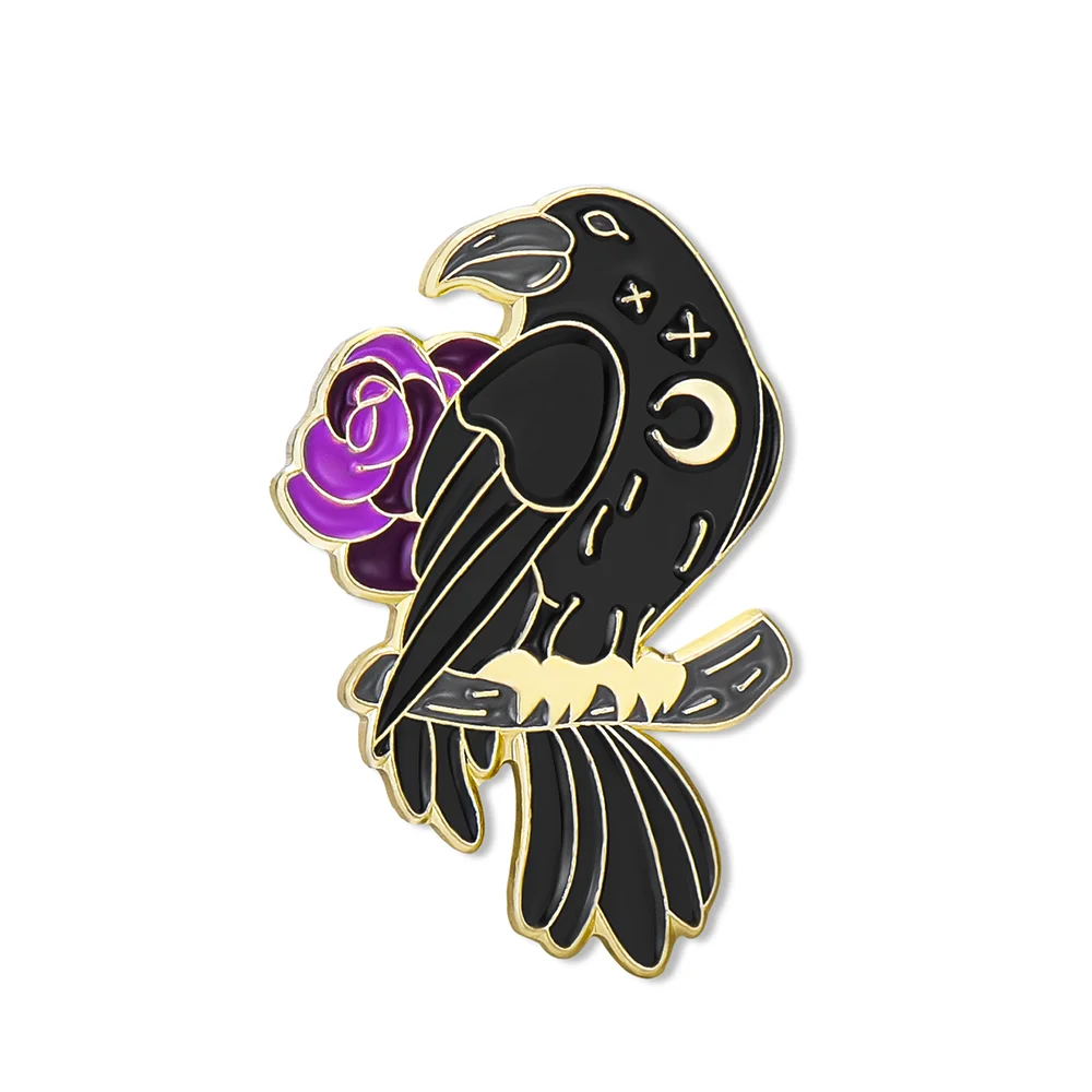 

Cartoon Black Crow Brooch Design Dark Goth Rose Metal Enamel Pin Hat Coat Badge Special Jewelry Gift for Friends