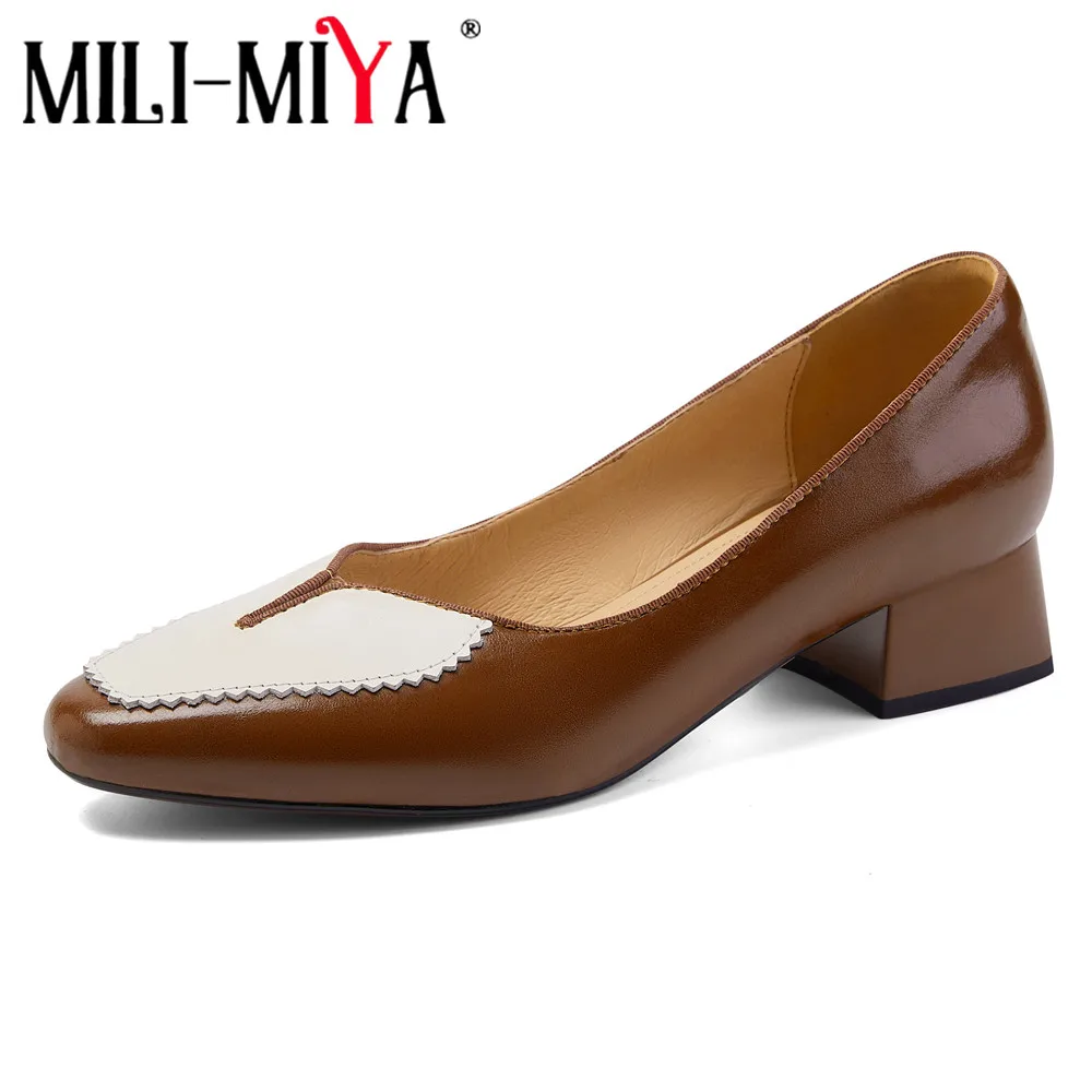 

MILI-MIYA New Arrival Casual Street Shoes Women Full Genuine Leather Pumps Round Toe Slip On Mixed Color Splicing Thick Heels