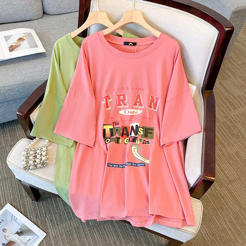 160Kg Plus Size Women's Bust 175 Summer Loose Round Neck Short Sleeve Letter Print Long T-shirt Green Pink 6XL 7XL 8XL 9XL 10XL