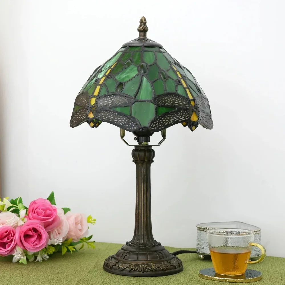 Stained Glass Table Lamp, Antique Green Tiffany Style Reading Light for Bedroom, Living Room and Office Decor Lampara Salon