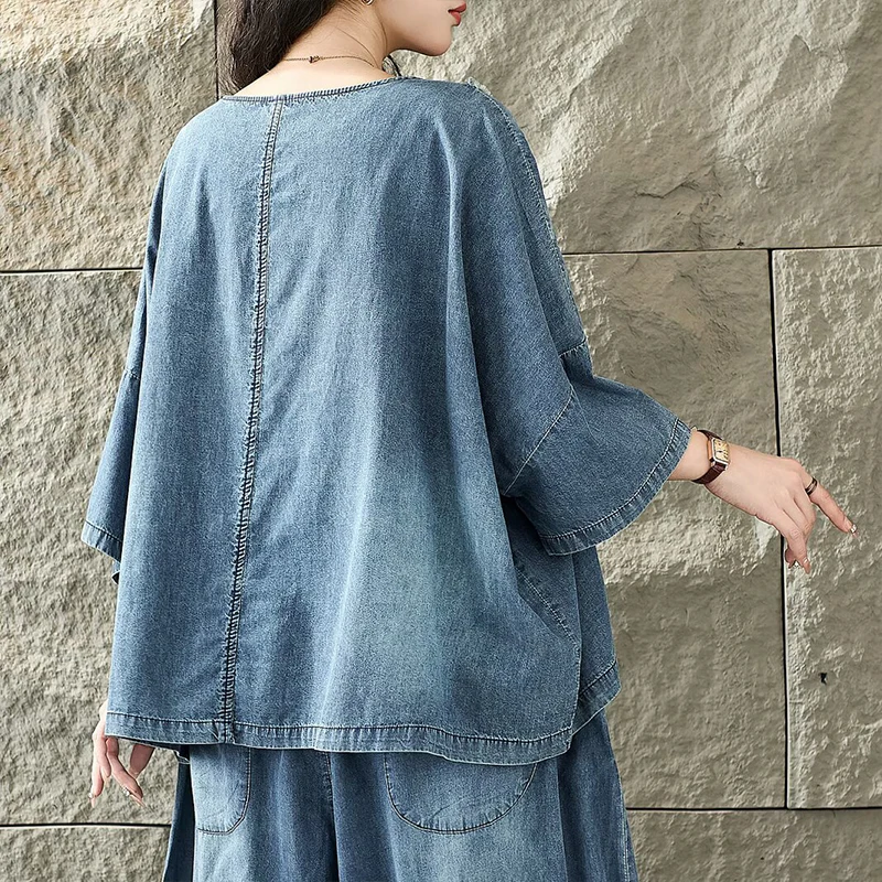 Masss Wasss British Design Loose Oversized Tee Shirts Womens Fashion Patchwork Denim Tops Females Summer Causal Classic Clothes
