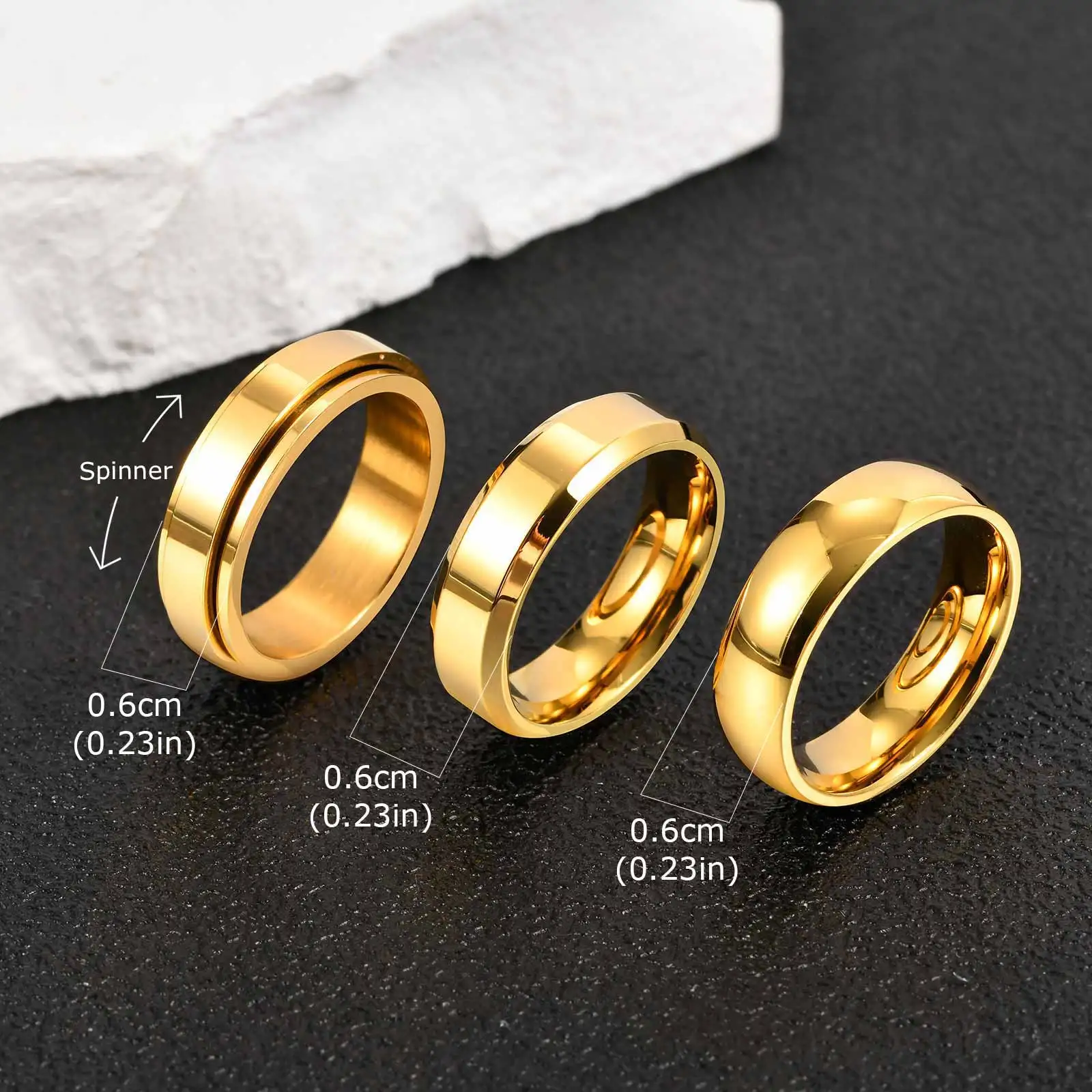 Vnox 3-teiliges Herren-Ringset aus Edelstahl, schwarz, silberfarben, goldfarben, Ehering, Schmuckgeschenk zum Jahrestag, Geburtstag, Party, neu – Detail 12