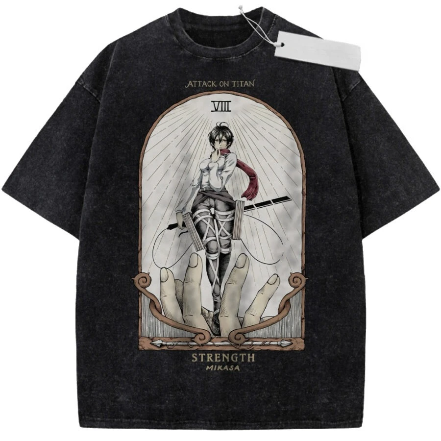 Unisex Schwarzes Vintage T-Shirt mit Attack on Titan Motiv, Mikasa Schlüsselbild, Hochwertige Stoffqualität für Freizeit und Shopping