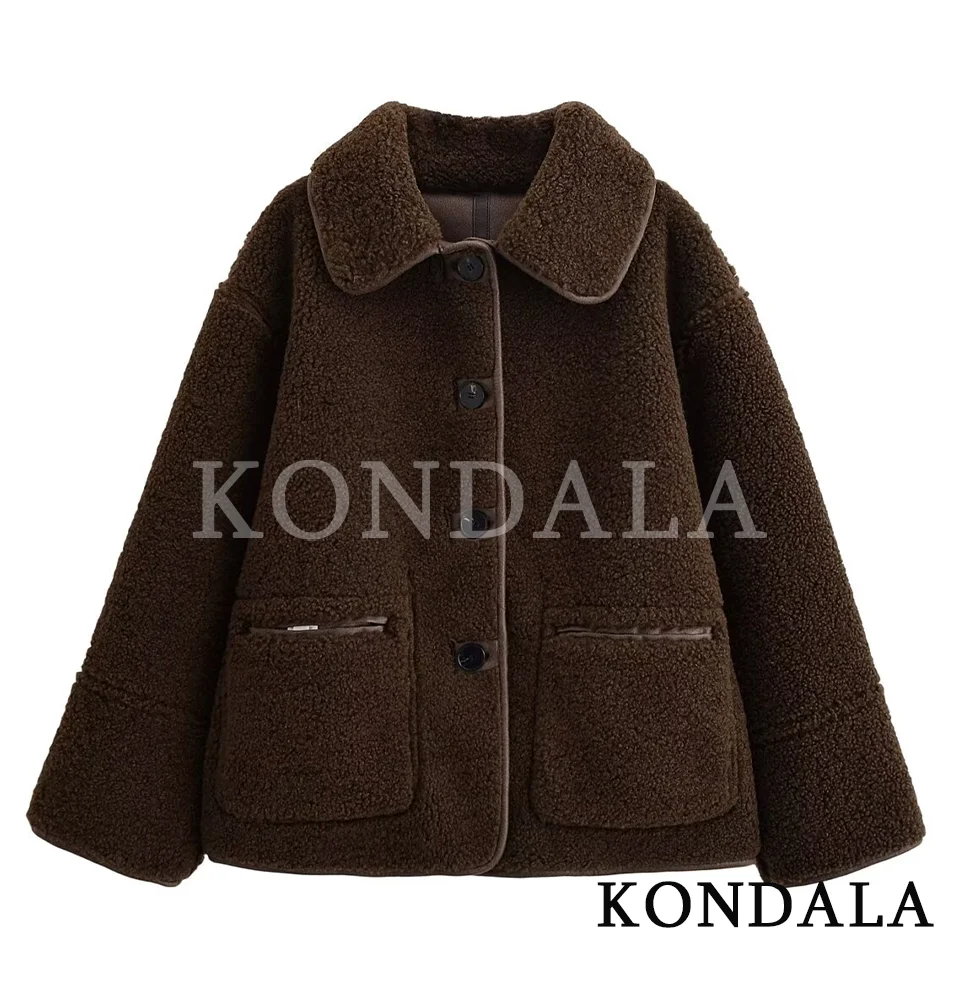 

KONDALA осень-зима утолщенная теплая флисовая куртка женская винтажная повседневная свободная куртка 2025 модное элегантное ретро женское пальто на пуговицах