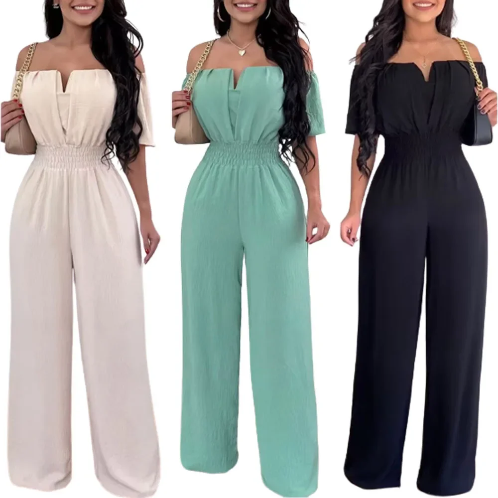 Women Printed Loose Straight Jumpsuit Pants Strapless Short Sleeve High Waist Full Length Jumpsuits Pants