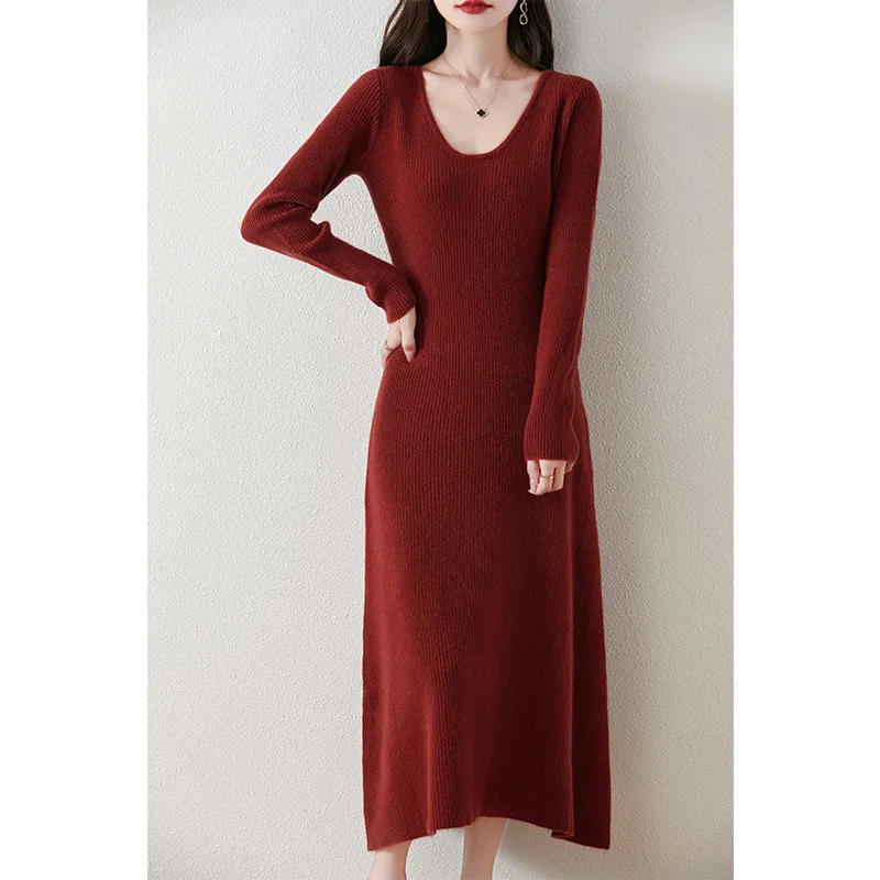VU Collar Slim Fit 100% Merino Wool Women\'s AutumnWinter New Style Long Sleeved Warm Solid Color Pullover Fashionable Knit Dress