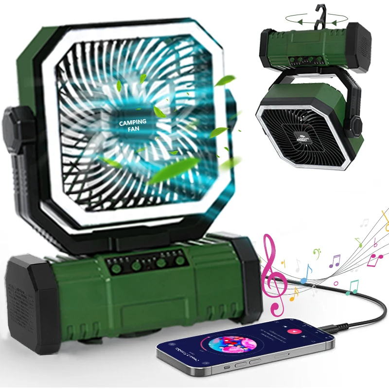 

2025New Outdoor Camping Fan with Bluetooth Speaker Outdoor Ventilador Cool Air Portable Fan with Hook for Fishing and Picnicking