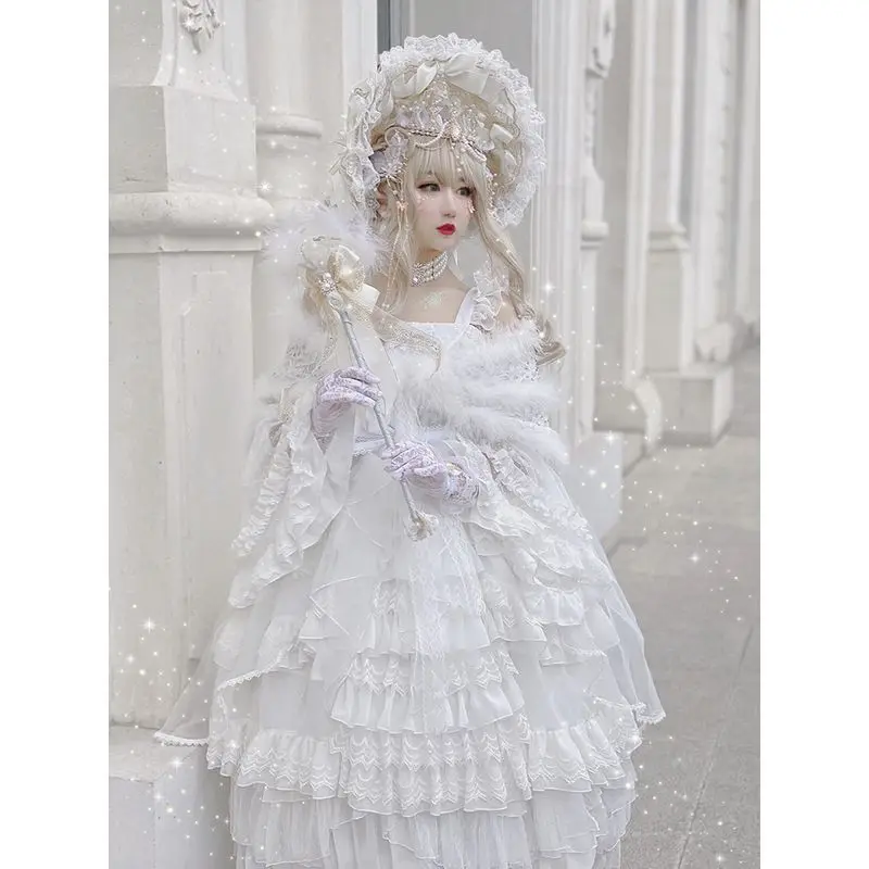 

Gorgeous And Elegant Angel Prayer Flower Wedding Lolita Slip Dress JSK Lace Bow Pure White Dress