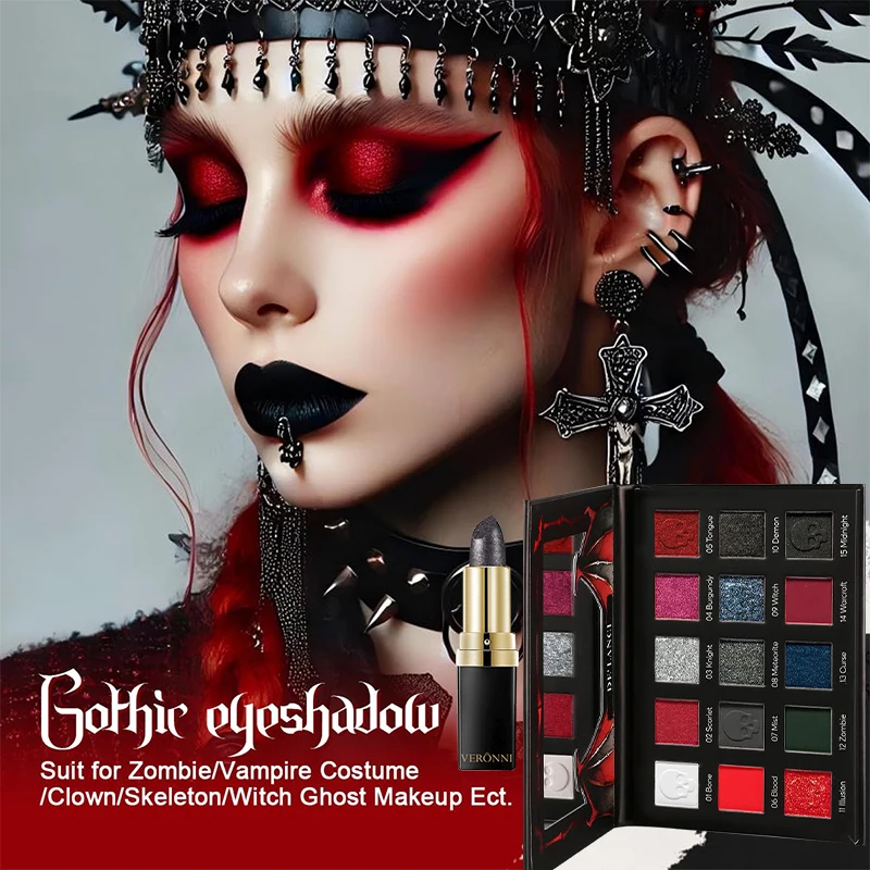 Gothic Eyeshadow Palette 15 Colors & Black Lipstick - Dark Romantic Smoky Eye,Vampire Halloween Makeup, Matte Shimmer, Dark Lip