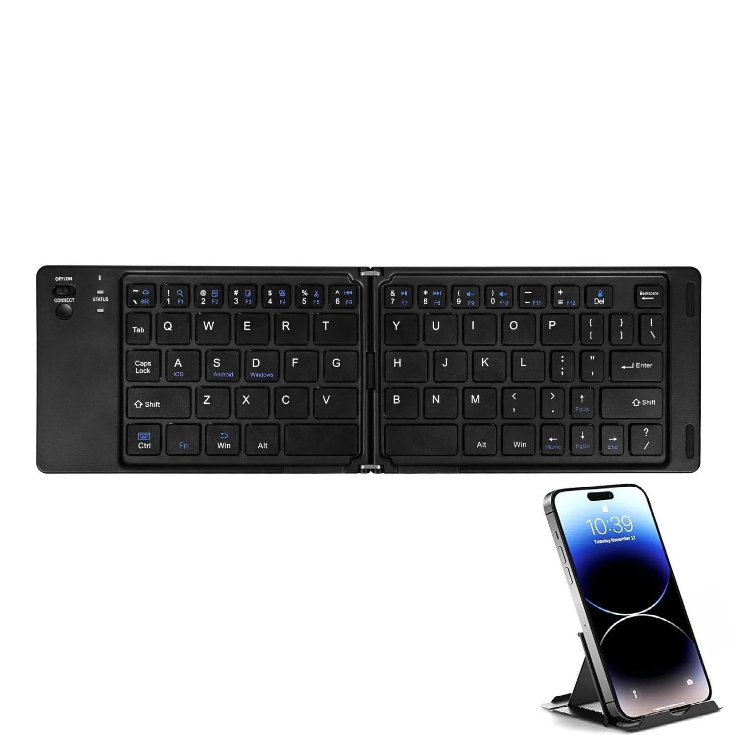 

Двухстворчатая клавиатура F10 для Android/Windows/iOS Портативная Bluetooth-совместимая клавиатура с кронштейном для телефона — черный