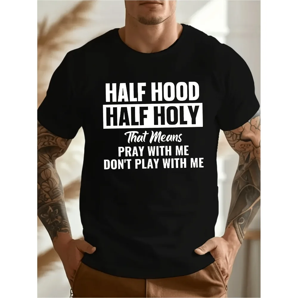 Men's Plus Size Summer TShirt Compatible for Big Tall HALF HOOD HALF HOLY Graphic Print Short Sleeve Tee Casual Round Neck Summer Top with Half Hood Holy Machine Washable for Daily Wear