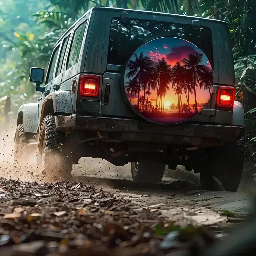 1pc Tropical Palm Tree Sunset Design Waterproof Spare Tire Cover, Machine Washable Fabric, Universal Fit for Auto