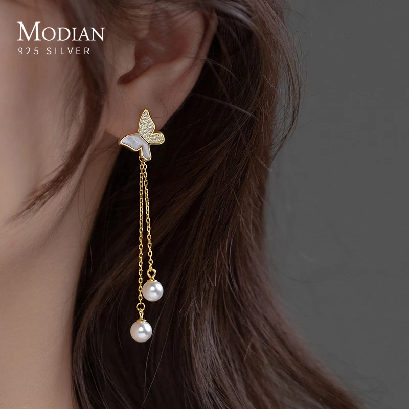 

Modian Gold Color Butterfly Dangle Earrings Real 925 Sterling Silver Asymmetrical Shell Luxury Drop Earrings For Women Jewelry