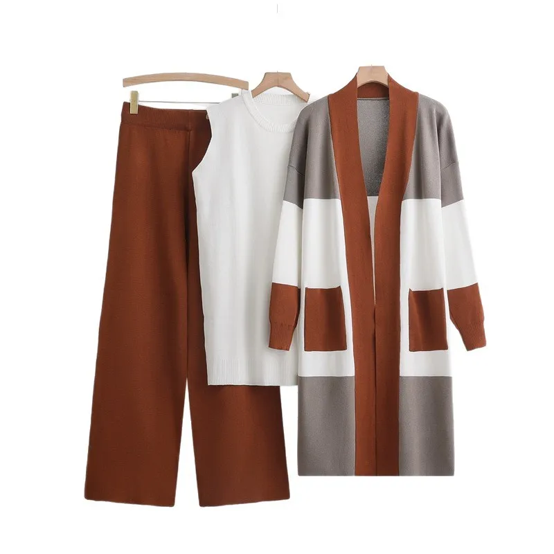 المرأة متماسكة ثلاث قطع بانت مجموعات طويلة سترة جيوب سترات السراويل المستقيمة الدعاوى غير رسمية البلوزات سيدة الخريف الشتاء المرقعة #5