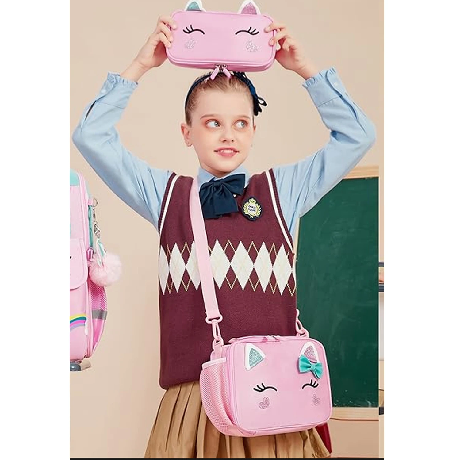 Dwuczęściowy zestaw dla dziewczyn: uroczy piórnik i torba na lunch z motywem jednorożca, miękki piórnik damski, pojemny organizer na artykuły piśmiennicze, etui na długopisy, artykuły szkolne, uniwersytet, organizer biurowy, duża pojemność (różowy)