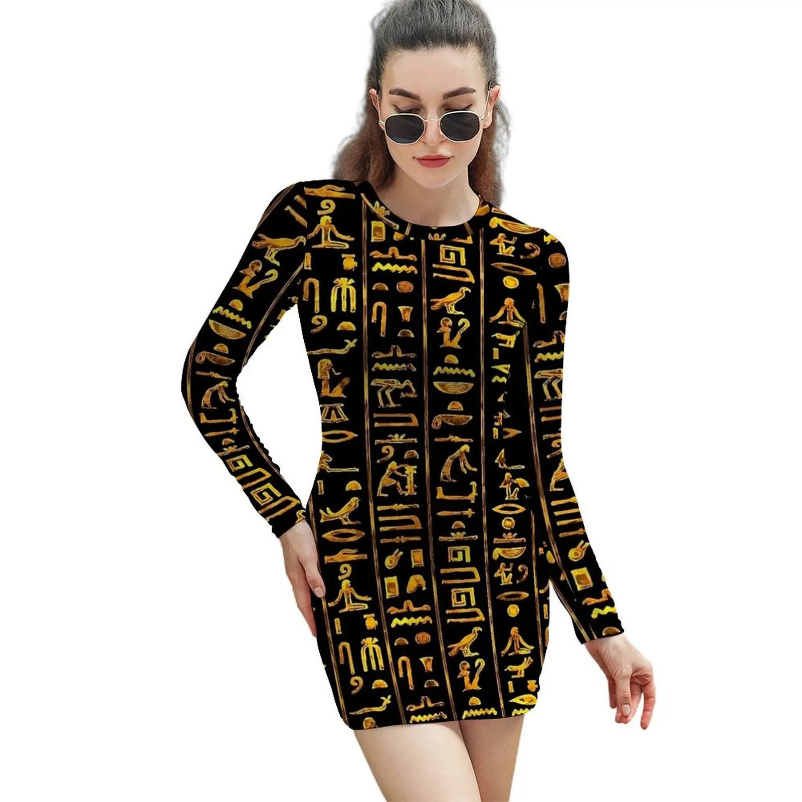 Alte ägyptische Kunst Hieroglyphen Kleid Langarm ästhetische Kleider Herbst Sexy figurbetontes Kleid Frau Grafik Oversize Vestidos