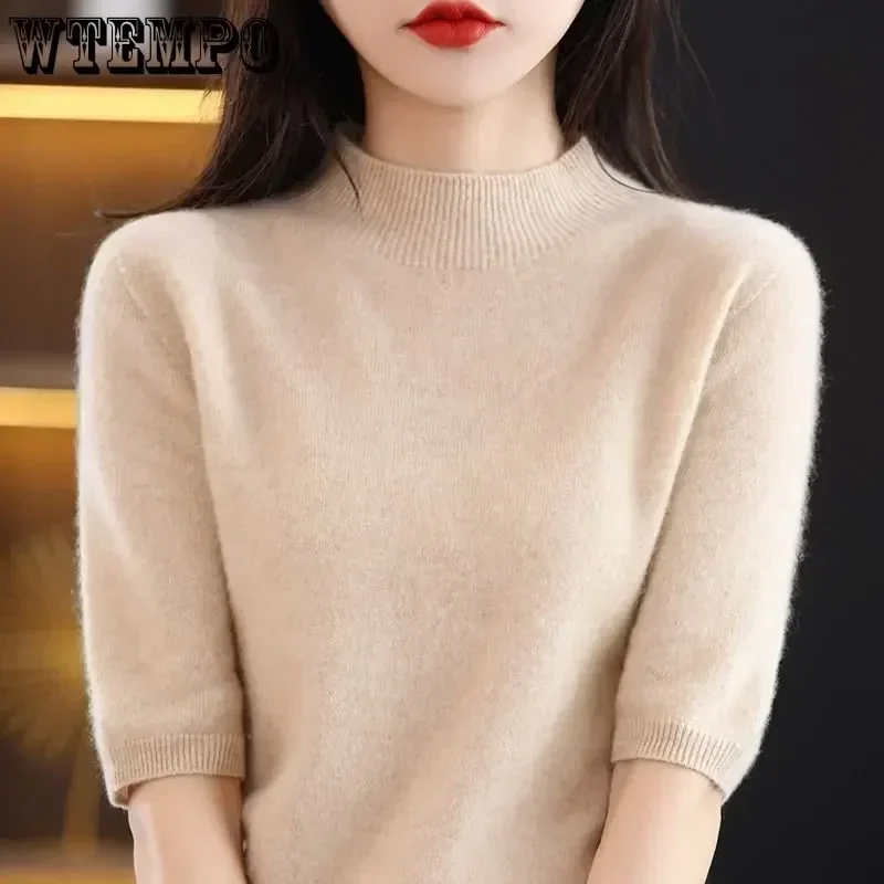 WTEMPO Knitted T-shirt Spring Summer Women\'s Half High Neck Knitwear Pullover Short Sleeve Slim Knit Tops Jumpers Sweater