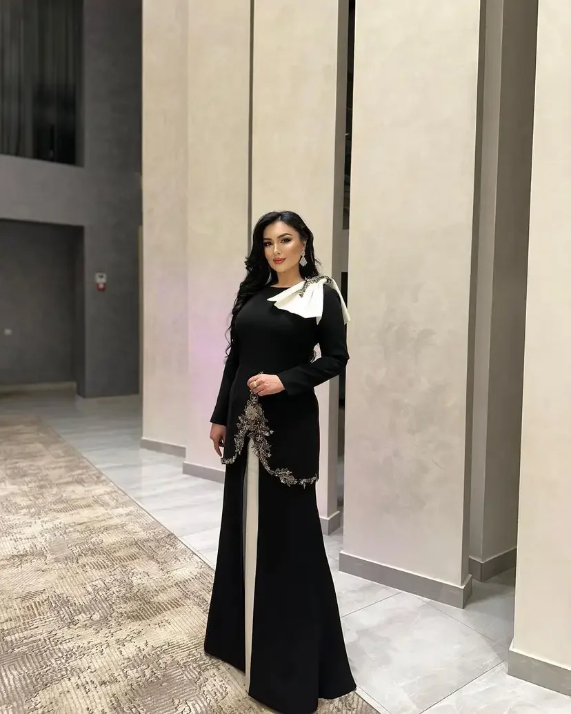 

Saudi Arabic Women Evening Dresses Black Long Sleeves Prom Dresses Sequins Beadings Floor Length Robes The Soirée Party Dress