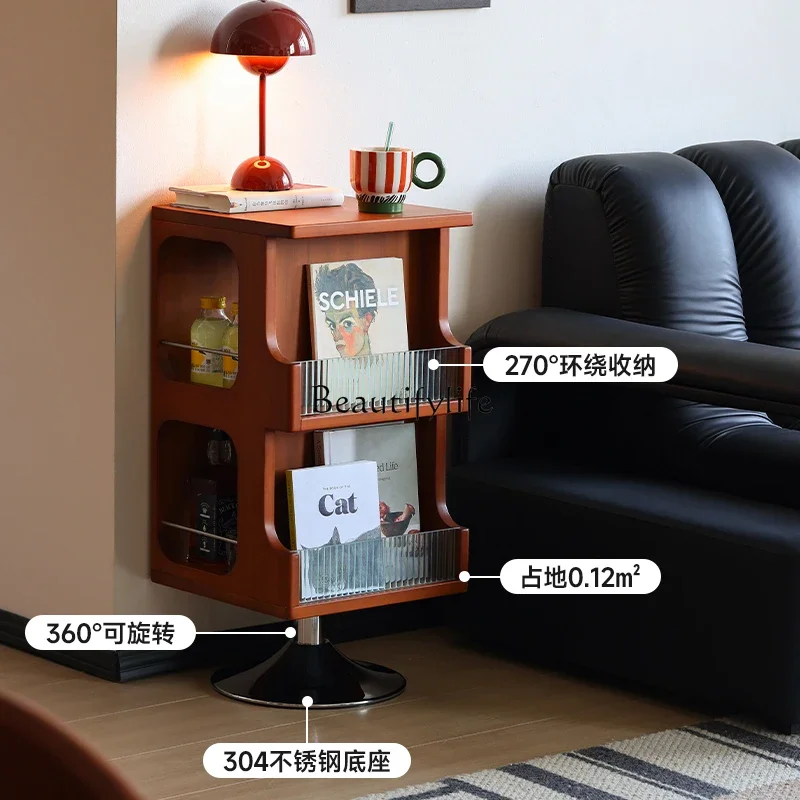 Retro solid wood rotating edge few movable storage cabinet small apartment living room sofa side cabinet