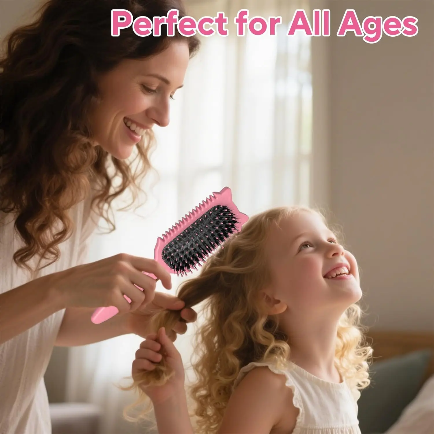 Curl Defining Brush for All Hair Types, Detangles and Enhances Natural Curls with Fun Cat Design, Pink