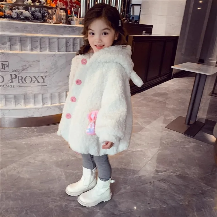 2024 New Hello Kitty Girls Cotton Cute Thermal Coat Winter Dress Girls Casual Hooded Cropped Jacket White Plush Top Gift