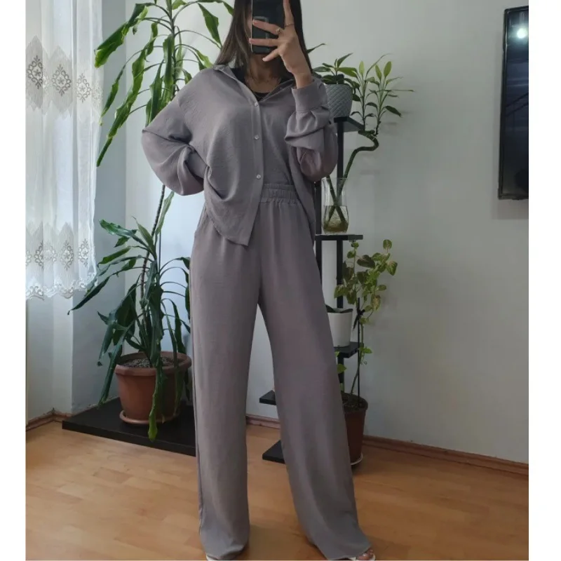 Women\'s Loose Set Spring Autumn Long Sleeve Single Breasted Shirt Wide Leg Pants 2 Pcs  Pajama Home Set For Female