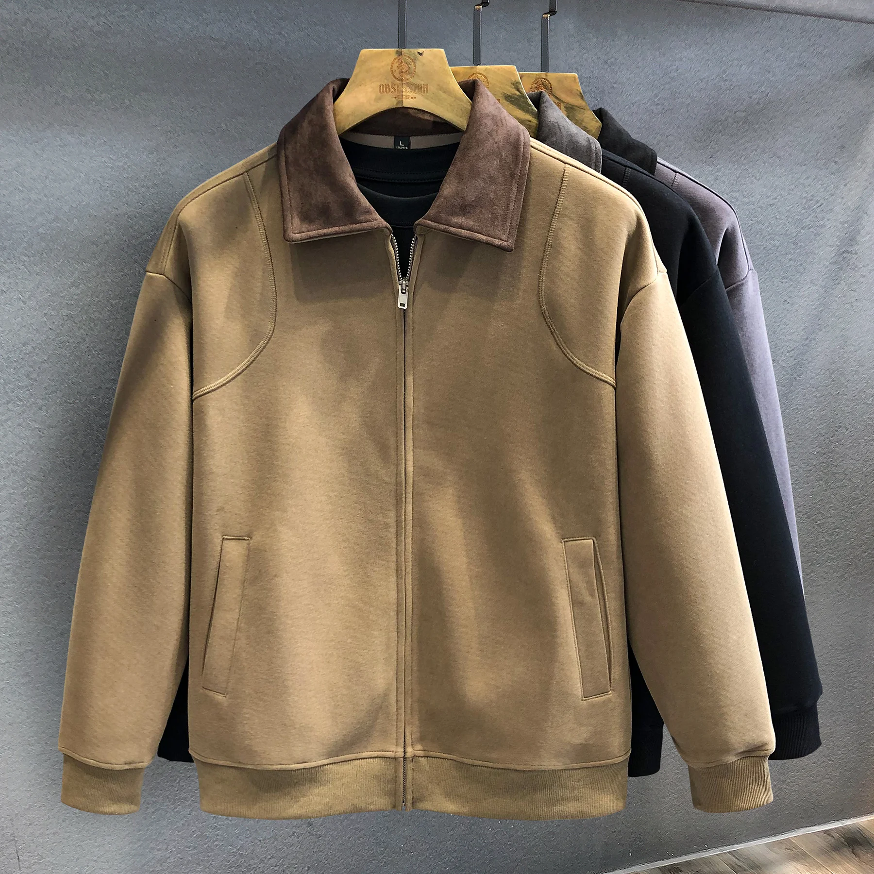 

Роскошная изысканная мягкая замшевая куртка в стиле ретро с контрастным воротником для мужчин, осенняя новая стильная повседневная куртка для руководителей